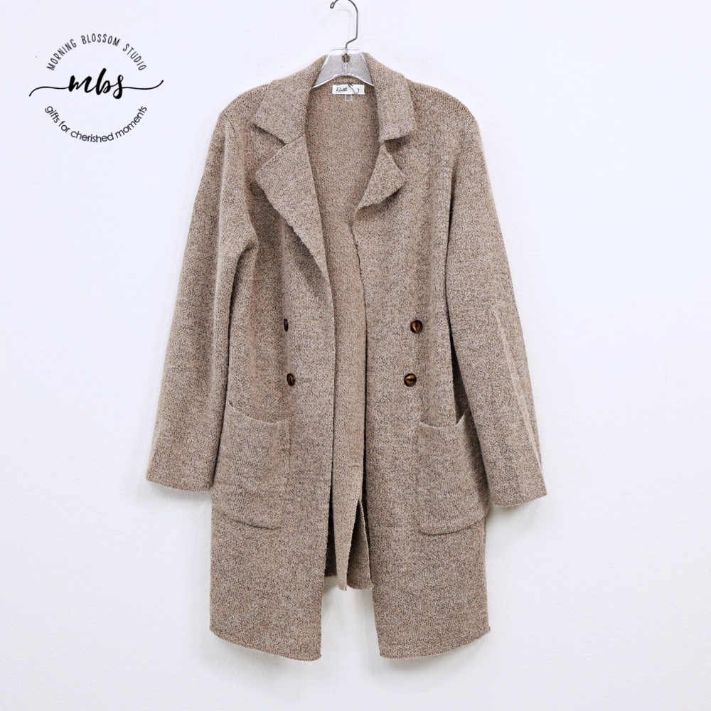 NWOT Rielle Double-Breasted Knit‎ Cardigan Coat Longline Heather Taupe Women L